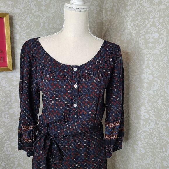 Lucky Brand Size XS Boho Style Navy Multicolored Print Dress‎ - Picture 2 of 10